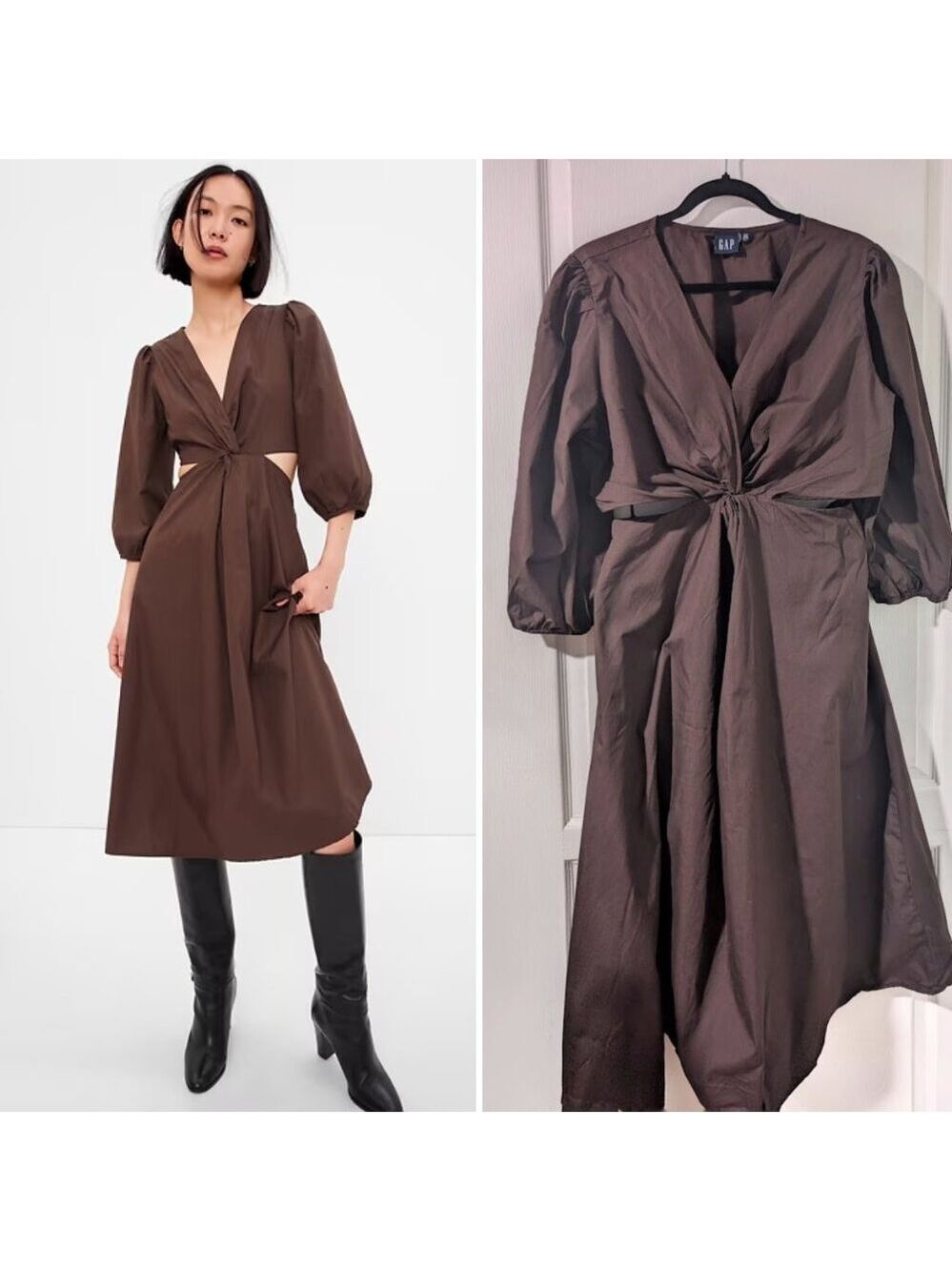 Gap | Puff Sleeve Cutout Midi Dress In Woodsy Brown (XL-Tall)